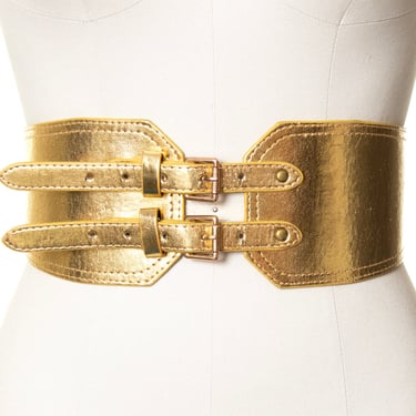 Vintage 1960s Cinch Belt | 60s Metallic Gold Vegan Leather Double Buckled Extra Wide High Waisted Glam Belt (small/medium) 