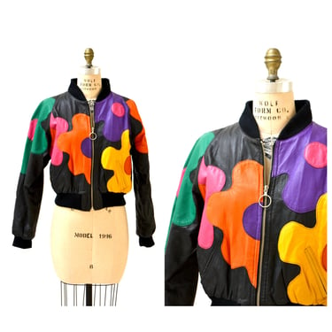 80s 90s Vintage Black Leather Jacket Flower Power Hippy Mod POp art 90s Rainbow Flower Leather Jacket Small Medium by Winlit 