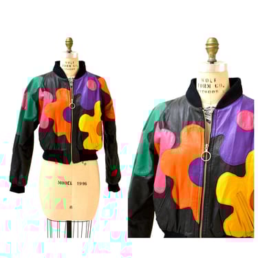 80s 90s Vintage Black Leather Jacket Flower Power Hippy Mod