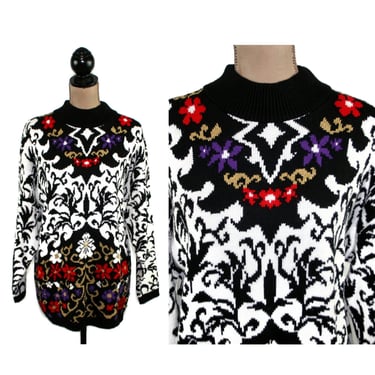 Vintage 80s Maximalist Floral Baroque Sweater, Long Oversized Mock Neck Intarsia Sweater Women Medium Large, 1980s Clothes from TRIMMINGS 