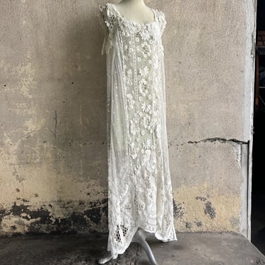 Antique Teens 1920s Irish Crochet Lace Dress Embroidery Wedding Bridal Vintage