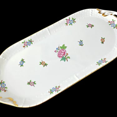 Herend Porcelain Serving Plate, Eton Floral Tray with Gold Trim | Pink Basketweave Vanity Dish 