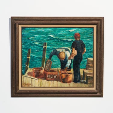 Vintage Fishing Pier Original Oil Painting // Large Framed 1980s Boat Dock Fishermen Scene // Artist Signed R.L. Sadowski 