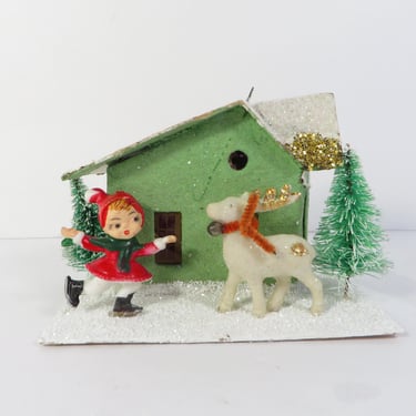 Vintage Putz House and Ice Skater  - Green Putz House with Glitter, Skater and Reindeer 