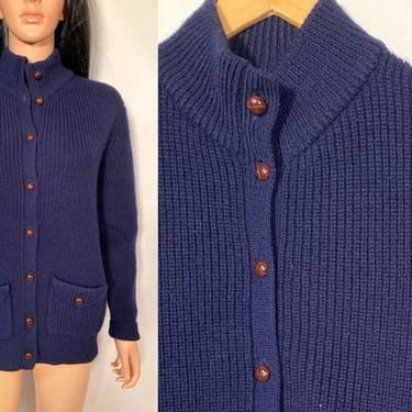 Vintage 80s/90s Navy Blue Ribbed Knit Wool Cardigan Size L 