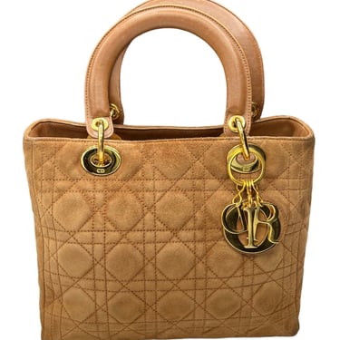 DIOR Authenticated Quilted Camel Suede Cannage Lady Dior tote
