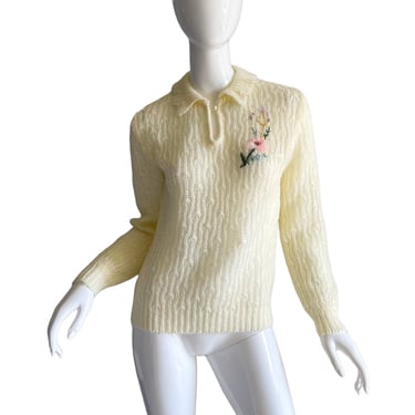 70s Vintage Sweater Bee By Banff / Embroidererd Flower Crochet Sweater / 1970s Ivory Knit Sweater Medium 