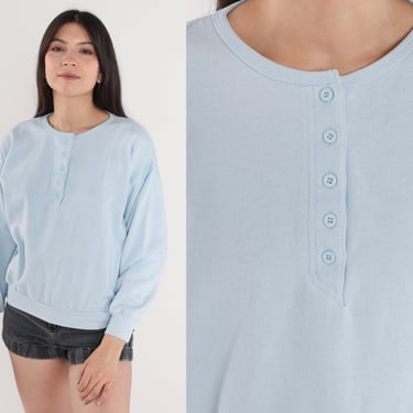 Baby Blue Sweatshirt 80s Henley Sweatshirt Button Up Long Sleeve Shirt Retro Pastel Plain Pullover Sweater Basic Vintage 90s Honors Medium 