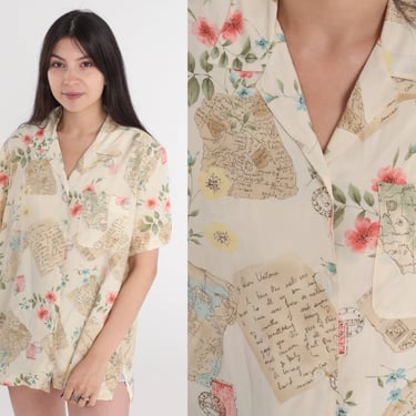 Travel Print Shirt 90s Floral Letter Shirt Button up Blouse Retro Postcard Tourist Graphic Rayon Short Sleeve Cream Top Vintage 1990s Large 