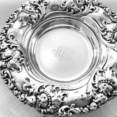 Antique Alvin sterling silver candy dish Ornate Victorian floral Repousse silver catchall or bonbon bowl 