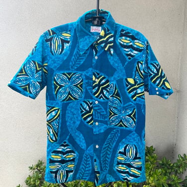 Vintage men’s Hawaiian luau shirt blue green barkcloth Sz L by Galaxy 