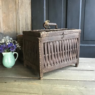 Folk Art Market Basket, Rustic Bird Carrier, Garden Decor, Antique European Country Peasant Farmhouse 