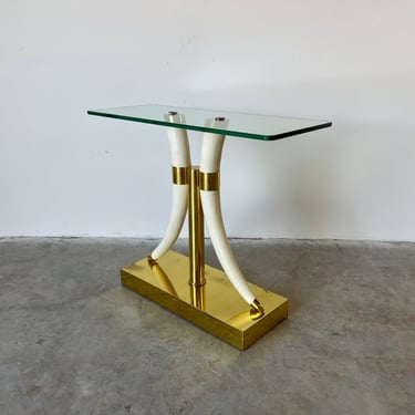 70's Vintage Faux Tusks Sculptural Side Table W/ Glass Top 