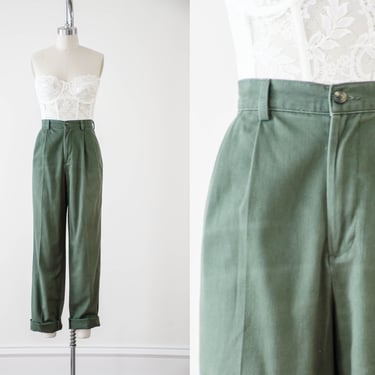 high waisted pants | 80s 90s vintage olive forest green dark academia pleated straight leg khaki trousers 