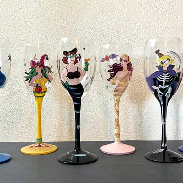 Vintage 90s Set of 6 Halloween Wine Glasses Witches + Mummies + Skeletons + Werewolf’s 