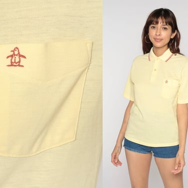 80s Polo Shirt Yellow Munsingwear Shirt Polo Shirt Half Button Up Tshirt 1980s Retro Vintage Tee Penguin Small Medium 