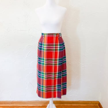 80s Red Rainbow Plaid Cotton Wrap Maxi Skirt | Small/28" Waist 