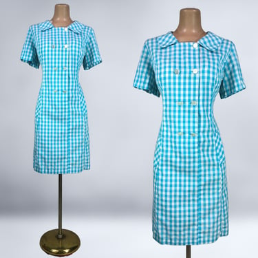 VINTAGE 60s MOD Light Blue Gingham Plaid Cotton Mini Dress XL 14/16 | 1960s Double Breasted Button Front Dress 1X Plus Size Volup | vfg 