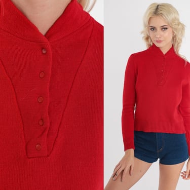 Red Wool Sweater 70s Henley Sweater Pullover Jumper Sweater Vintage Normcore Plain Button Neck 1970s Ski Sweater Small 