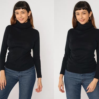 70s Black Turtleneck Shirt Long Sleeve Top Basic Funnel Neck Simple Plain Blouse Mod Retro Layering T-Shirt Minimalist Vintage 1970s Medium 