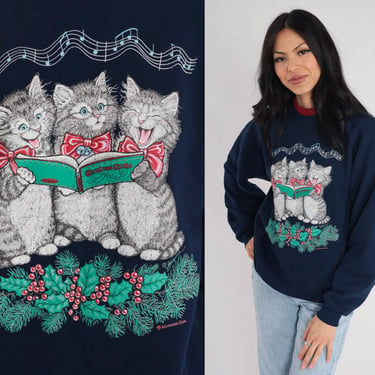 Christmas Cat Sweatshirt 90s Holiday Carol Singing Cats Graphic Shirt Animal Sweater Kitten Pullover Xmas Navy Blue Vintage 1990s Medium 