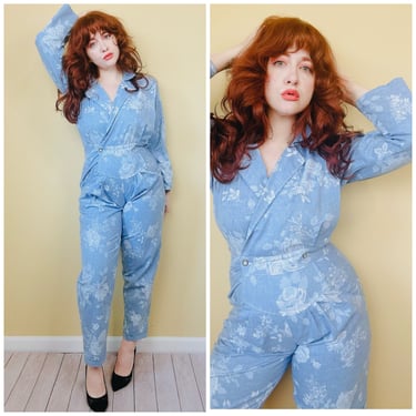 1980s Vintage All That Jazz Blue Floral Jumpsuit / 80s Elastic Waist Wrap Cotton Catsuit / Size Medium 