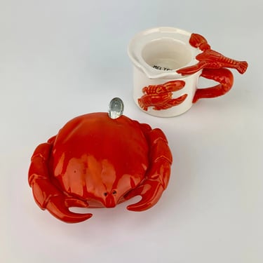 1950's 5 Piece Lobster & Crab Condiment Containers - Glazed Ceramic - Hot Butter Pots  - Made in Japan - Perfect Condition 