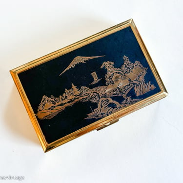 1950s Black Damascene & Gold Engraved Compact | 50s Black Vintage Compact | Musical Compact |Mount Fuji Compact | CLOVER 