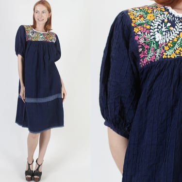 Mexican Embroidered Crochet Lace Pintuck Dress, Navy Puff Sleeve Ethnic Cover Up, Knee Length Puebla Style Summer Dress 