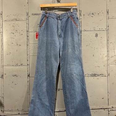 70s 28” waist 1970s Sears Straight leg jeans faded leather accents bootcut flare pants jeans 