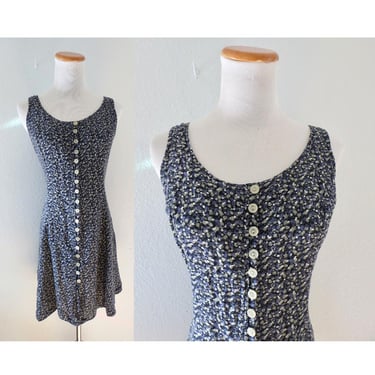 Vintage 90s Floral Mini Dress - Sleeveless Dark Flower Print Button Front Lace Up Back Summer Sundress - Size Small / Medium 