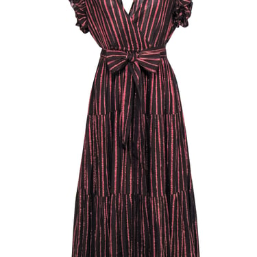 Ulla Johnson - Brown & Rose Gold Stripe Cotton Maxi Dress w/ Ruffle Shoulders Sz 6