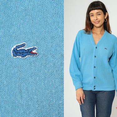 Vintage Blue Lacoste Sweater 80s Cardigan Button Up IZOD Crocodile Acrylic Knit V Neck Slouchy 1980s Preppy Men's Small 