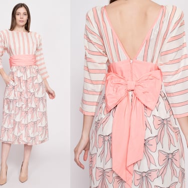 80s Pink & White Silk Blend Bow Tie Dress, As Is - Extra Small | Vintage Low Back Striped Dolman Sleeve Midi Party Dress 