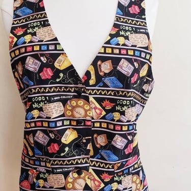 1990s Nicole Miller Silkprint Vest Telephones Text Messages Calls Calling Whimsical / 90s Designer Colorful Novelty Vest / L 