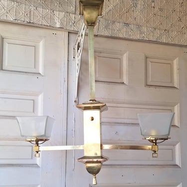 Mission Style Bronze Gas Chandelier with Square Shades, Antique Brass Chandelier Arts and Crafts Light, Architecture Salvage 