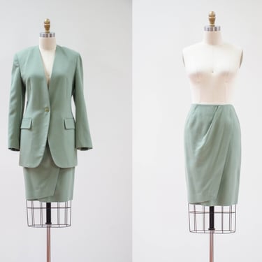 sage green wool suit | 90s vintage Jones New York light green wool dark academia mini skirt suit 