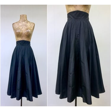 Vintage 1950s Black Silk Taffeta Maxi Skirt, Mid-Century Micro-Pleated Full Skirt, 28 Inch Waist, VFG 
