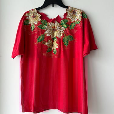 Women’s Vintage Red Short Sleeve Christmas Shirt Floral Poinsettia Embroidered Ugly Christmas Shirt Size XL 