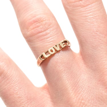 Minimalist 14K Yellow Gold 'LOVE' Ring, Cute Gold Stacking Ring, Valentines Day Gift, Size 6 3/4 US 