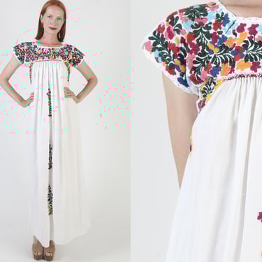 Embroidered Oaxacan Dress, White Cotton Ethnic Caftan, Mexican Fiesta Sundress 