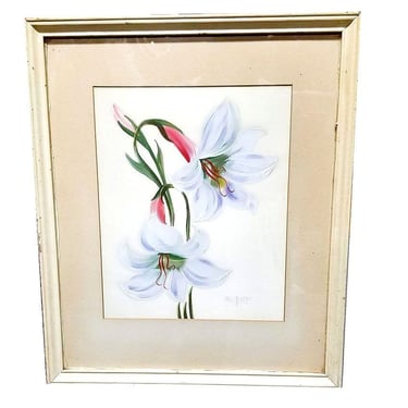 Mid-century Hawaiian Two Lilies Oil Painting on Paper signed E. Wolf, Framed 