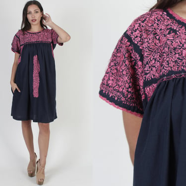 Navy Hand Embroidered San Antonio Dress With Hip Pockets, Womens Mexican Fiesta Outfit From Oaxaca 