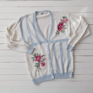 cute cottagecore sweater | 80s 90s vintage white blue pink floral intarsia knitted cardigan 