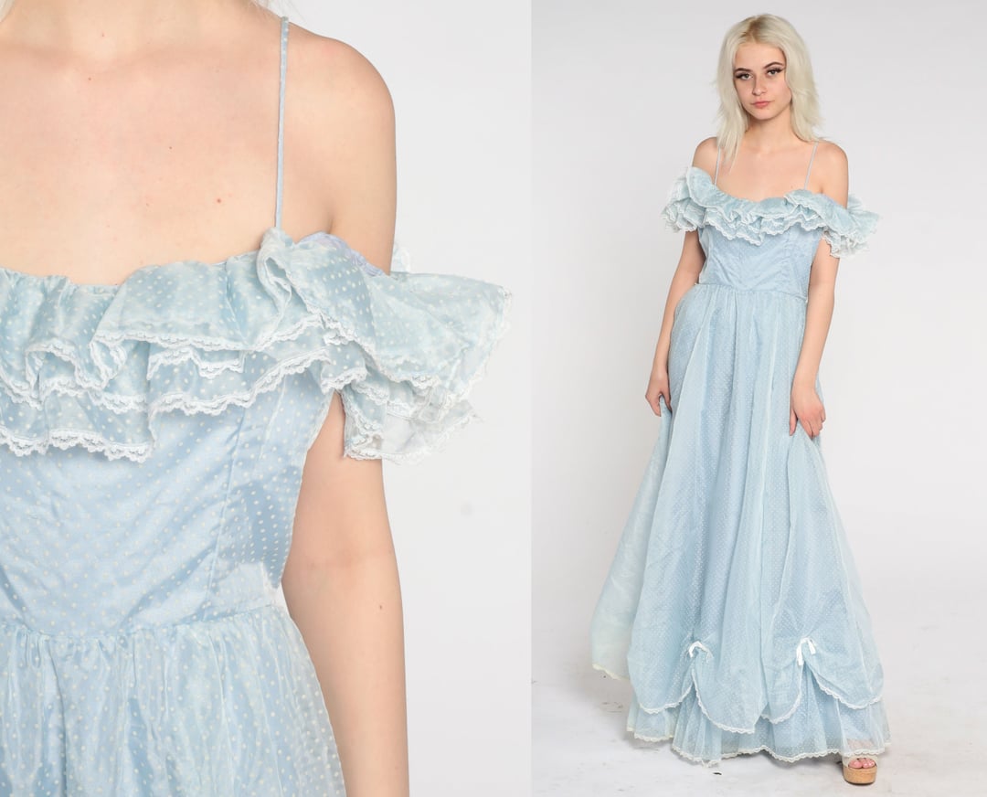 70s Prom Dress Baby Blue Lace Maxi Dress Ruffled Off Shop Exile Tucson AZ