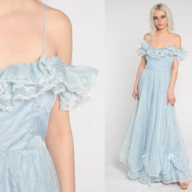70s Prom Dress Baby Blue Lace Maxi Dress Ruffled Off Shoulder Party Dress Pastel Gown Retro Bow Swiss Dot Organza Girly Vintage 1970s Small 