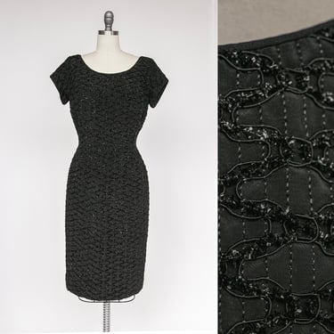 1950s Dress Black Fitted Cocktail Embroidered L 