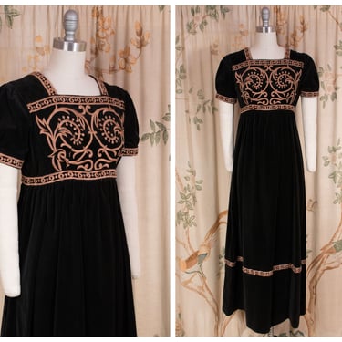 1970s Dress - Elegant Vintage 70s Regency Inspired Embroidered Velveteen Dress with Medieval Revival Inspiration Beverly Paige 