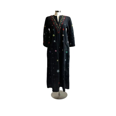 Vintage Ramona Rull Black Floral Embroidery Mirror Maxi Boho Caftan Wide Sleeve Cotton Dress 