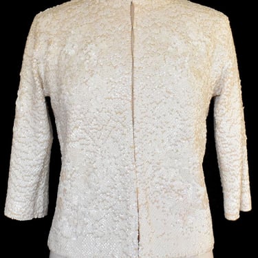 Vintage 50s Hand Sequined Cardigan Sweater, 3-D Iridescent Sequins, Off White Sweater, Size M Medium 